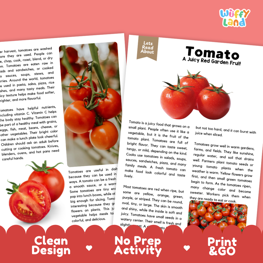 Teacher answer key page showing complete question solutions for tomato reading comprehension practice