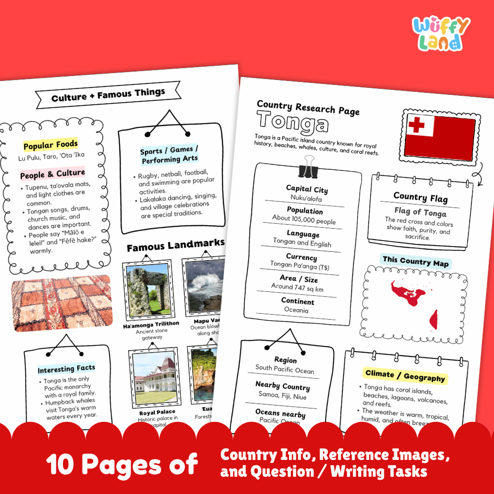 Tonga Country Research Project Worksheets and Activity Pages