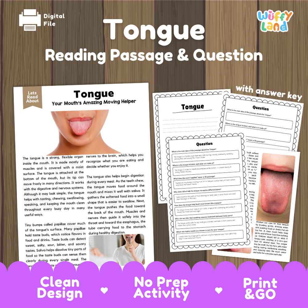 Tongue reading comprehension passage and questions printable activity pack with answer key for elementary students