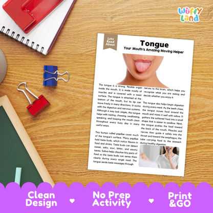 Student reading comprehension worksheet with short-answer questions and lined sections about the human tongue