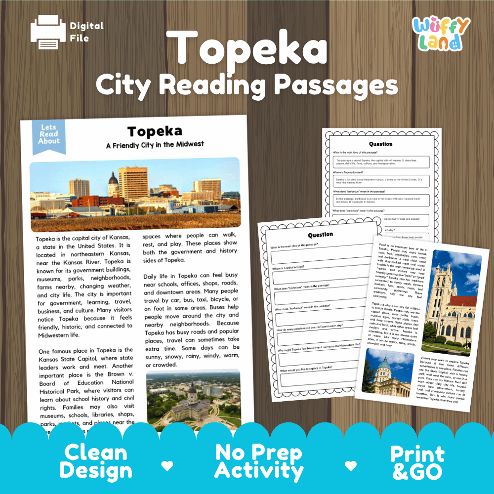 Topeka city reading passages and comprehension worksheet educational unit featuring nonfiction text and authentic Topeka Kansas capitol and skyline photography