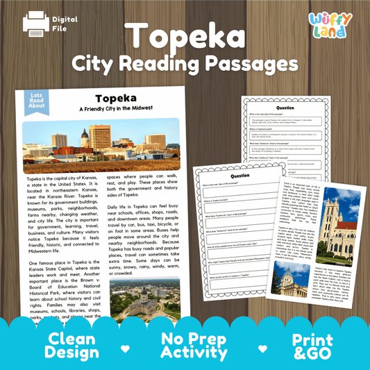 Topeka city reading passages and comprehension worksheet educational unit featuring nonfiction text and authentic Topeka Kansas capitol and skyline photography