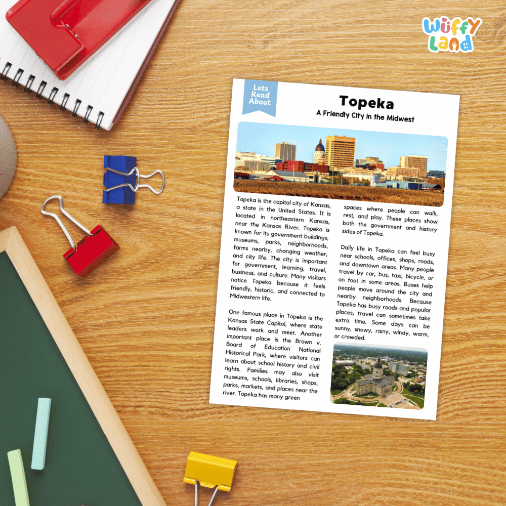 Lined reading comprehension question worksheet covering main ideas vocabulary terms and landmark facts about Topeka Kansas
