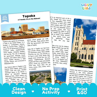 Reference sheet and answer key for Topeka landmark reading passage displaying completed comprehension answers and United States geography facts