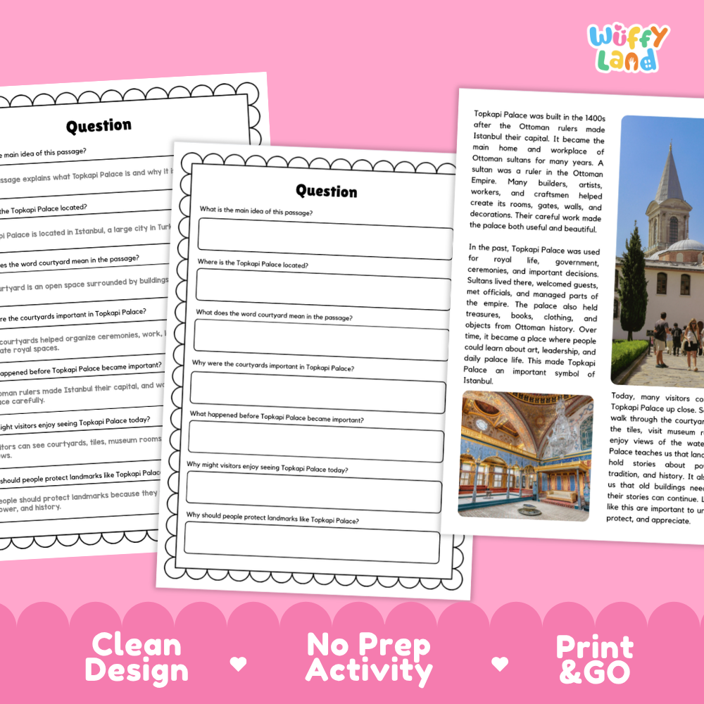 Three printable activity sheets for teaching about Taksim Palace, shown on a pink background with the text 'Clean Design', 'No Prep Activity', and 'Print & GO'. The sheets include a question header, a short text passage, and a place-photo insert.