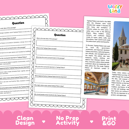 Three printable activity sheets for teaching about Taksim Palace, shown on a pink background with the text 'Clean Design', 'No Prep Activity', and 'Print & GO'. The sheets include a question header, a short text passage, and a place-photo insert.