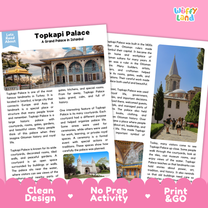 Two educational travel posters about Topki Palace in Istanbul, displayed on a light gray background. The left poster is titled 'Let's Read About' and the right poster is titled 'Topki Palace' with a photo of the palace and text about its history.