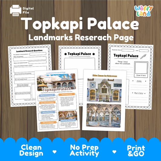 Digital activity sheet set titled 'Topkapi Palace Landmarks Researach Page' shown on a wood-textured background. The image includes several printable worksheet pages and a larger reference page about Topkapi Palace, with the 'Wiffy Land' logo in the top right and a 'Digital File' icon in the top left.