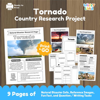 A printable tornado research project for students, featuring a large tornado photo, sections for description, main characteristics, prevention, warning signs, and impacts, plus worksheets, research templates, and real-life tornado images for kids to study and complete.