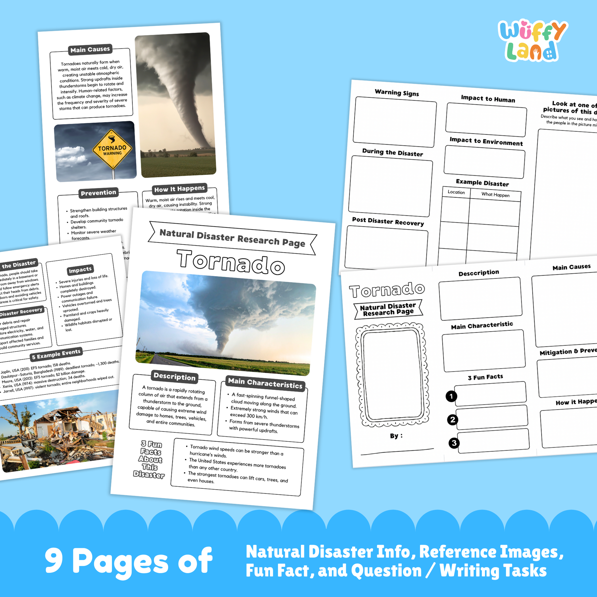 A printable tornado research project for students, featuring a large tornado photo, sections for description, main characteristics, prevention, warning signs, and impacts, plus worksheets, research templates, and real-life tornado images for kids to study and complete.