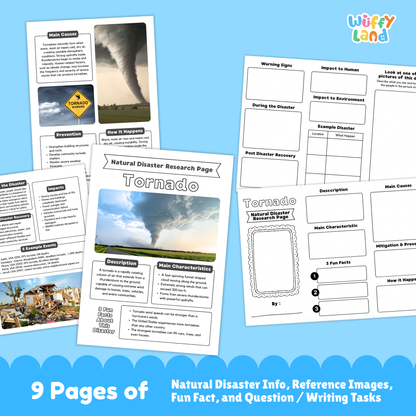 A printable tornado research project for students, featuring a large tornado photo, sections for description, main characteristics, prevention, warning signs, and impacts, plus worksheets, research templates, and real-life tornado images for kids to study and complete.