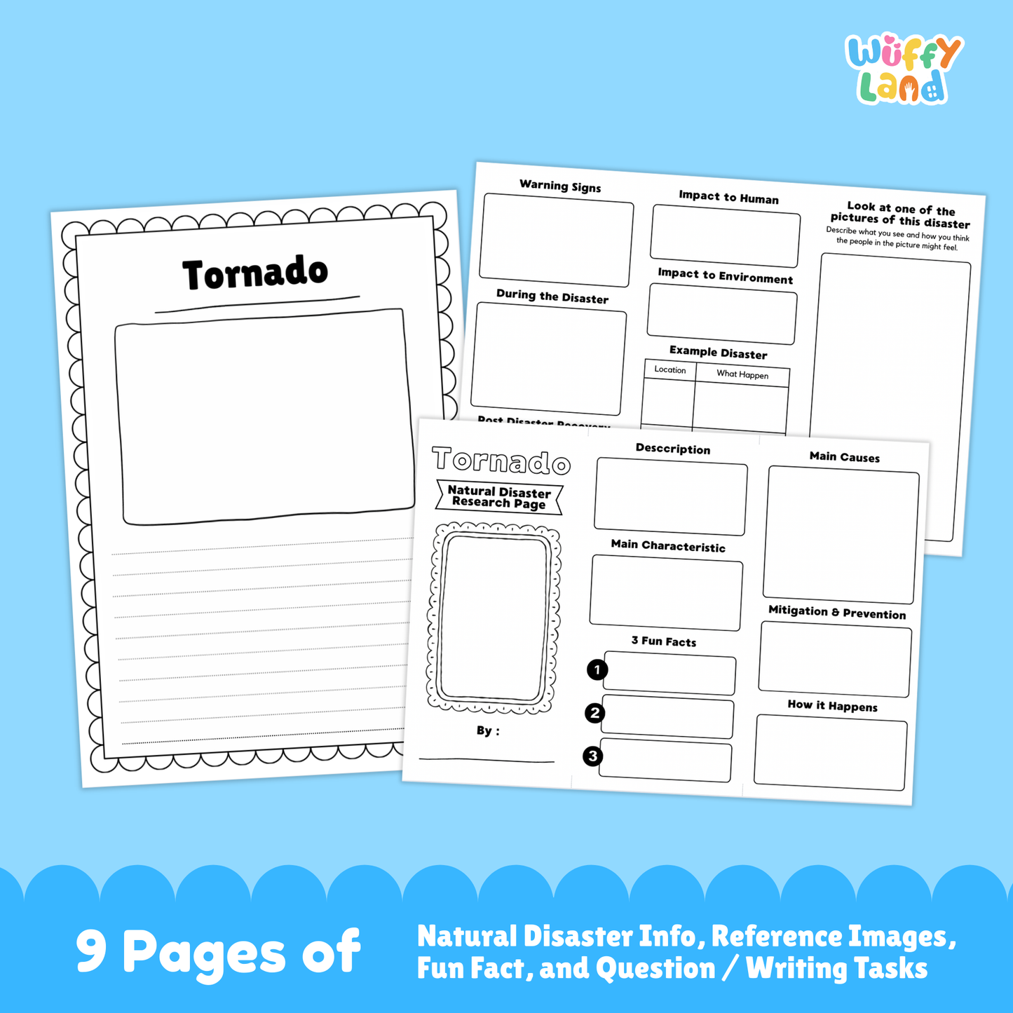 A printable tornado research project for students, featuring a large tornado photo, sections for description, main characteristics, prevention, warning signs, and impacts, plus worksheets, research templates, and real-life tornado images for kids to study and complete.