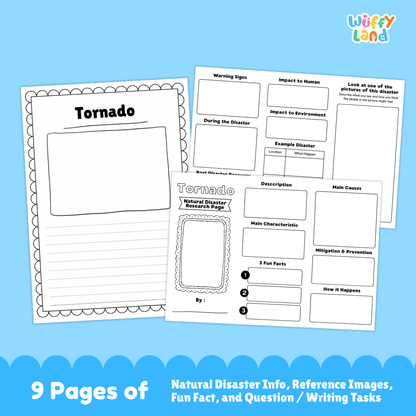 A printable tornado research project for students, featuring a large tornado photo, sections for description, main characteristics, prevention, warning signs, and impacts, plus worksheets, research templates, and real-life tornado images for kids to study and complete.