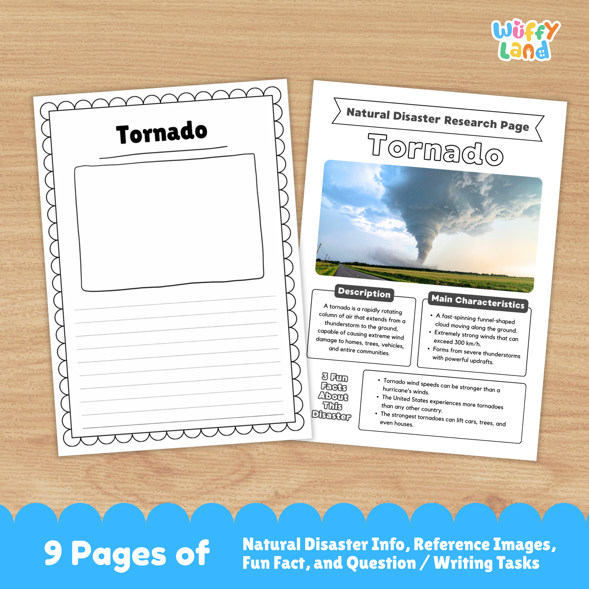 A printable tornado research project for students, featuring a large tornado photo, sections for description, main characteristics, prevention, warning signs, and impacts, plus worksheets, research templates, and real-life tornado images for kids to study and complete.