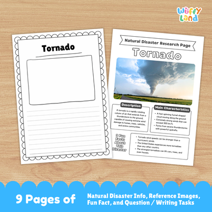 A printable tornado research project for students, featuring a large tornado photo, sections for description, main characteristics, prevention, warning signs, and impacts, plus worksheets, research templates, and real-life tornado images for kids to study and complete.