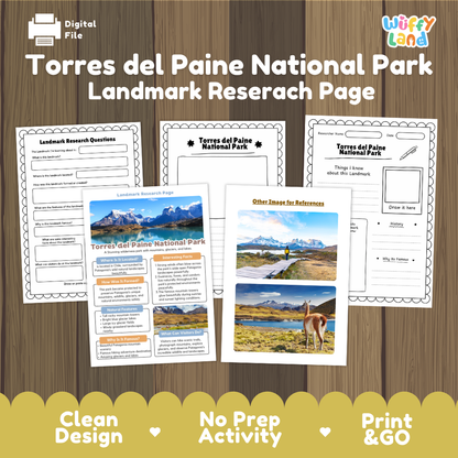 Digital preview of a Torres del Paine National Park landmark research page activity set by Wiffly Land, displayed on a wood-grain background with a yellow banner at the bottom.
