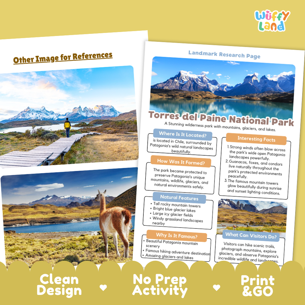 A promotional graphic for a landscape research page about Torres del Paine National Park. The page shows a scenic mountain landscape photo at the top and text sections including 'Where is it located,' 'Interesting facts,' 'Natural features,' and 'Who can visit visitors.