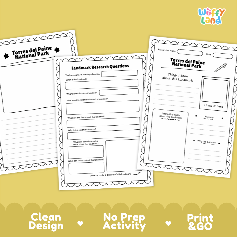 Three printable worksheet pages for Torres del Paine National Park are shown on a yellow background with marketing text at the bottom. The pages are white with black outlines and text, featuring activity questions and drawing areas.