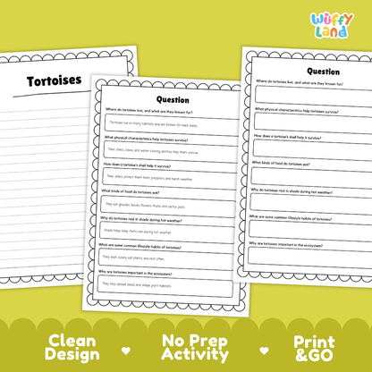 Tortoise Reading Passage and Comprehension Questions Worksheets