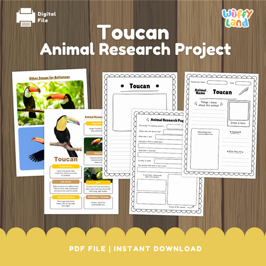 A "Toucan Animal Research Project" educational worksheet set featuring printable pages for students to record facts about toucans. Includes templates for drawing, note-taking, and writing about the bird’s appearance, habitat, diet, life cycle, and adaptations. The set also contains colorful reference images of toucans to support classroom or homeschool science lessons.