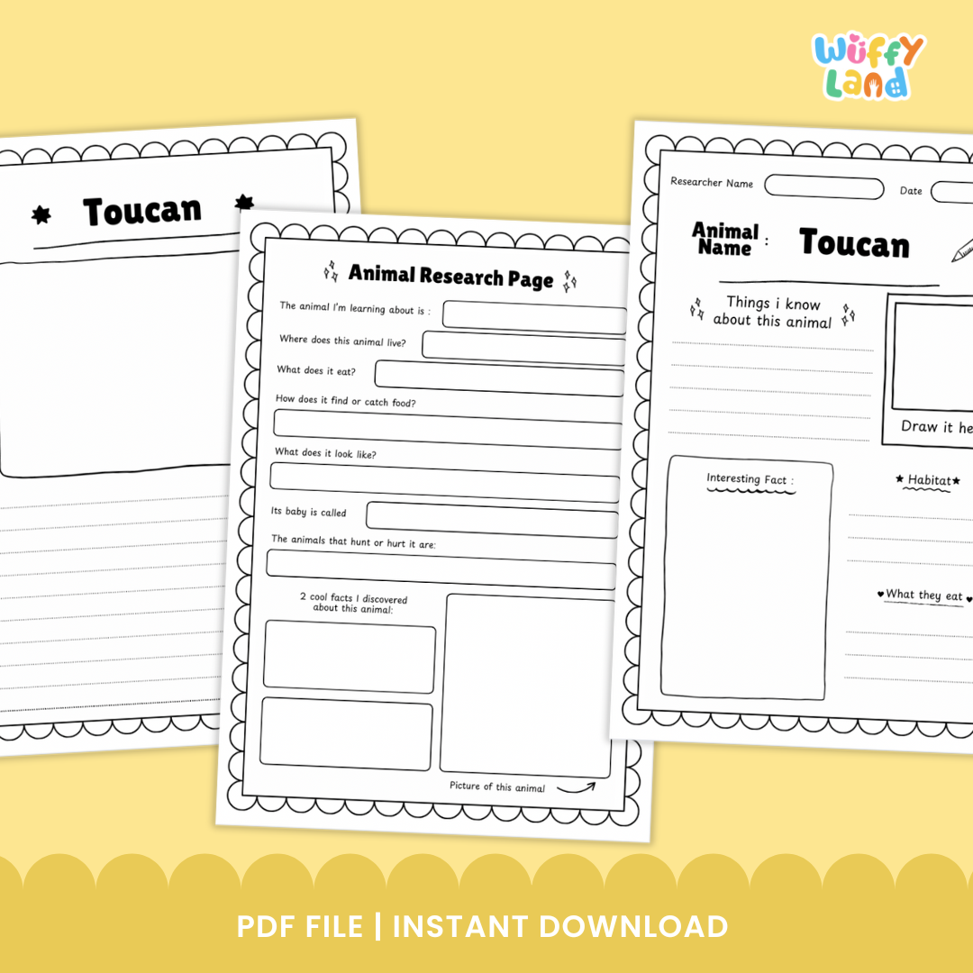 A "Toucan Animal Research Project" educational worksheet set featuring printable pages for students to record facts about toucans. Includes templates for drawing, note-taking, and writing about the bird’s appearance, habitat, diet, life cycle, and adaptations. The set also contains colorful reference images of toucans to support classroom or homeschool science lessons.