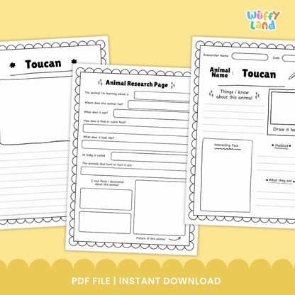 A "Toucan Animal Research Project" educational worksheet set featuring printable pages for students to record facts about toucans. Includes templates for drawing, note-taking, and writing about the bird’s appearance, habitat, diet, life cycle, and adaptations. The set also contains colorful reference images of toucans to support classroom or homeschool science lessons.