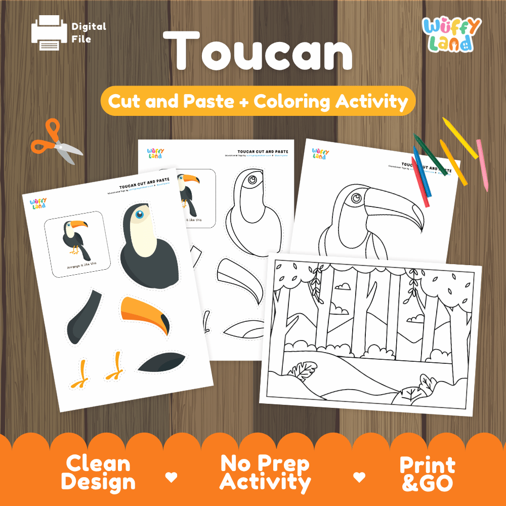 Toucan Cut and Paste Craft and Coloring Pages Activity Worksheets