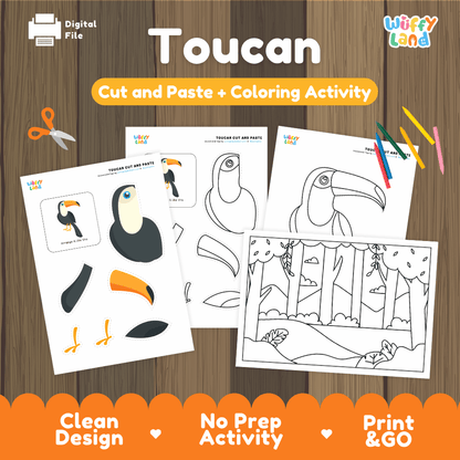 Toucan Cut and Paste Craft and Coloring Pages Activity Worksheets
