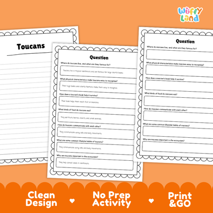 Toucans Reading Passage and Comprehension Questions Worksheets with Answer Key