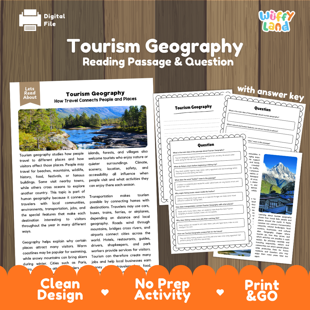Tourism Geography reading comprehension passage and questions printable activity pack with answer key for elementary students