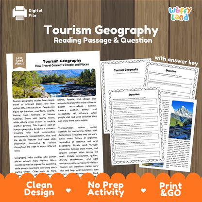 Tourism Geography reading comprehension passage and questions printable activity pack with answer key for elementary students