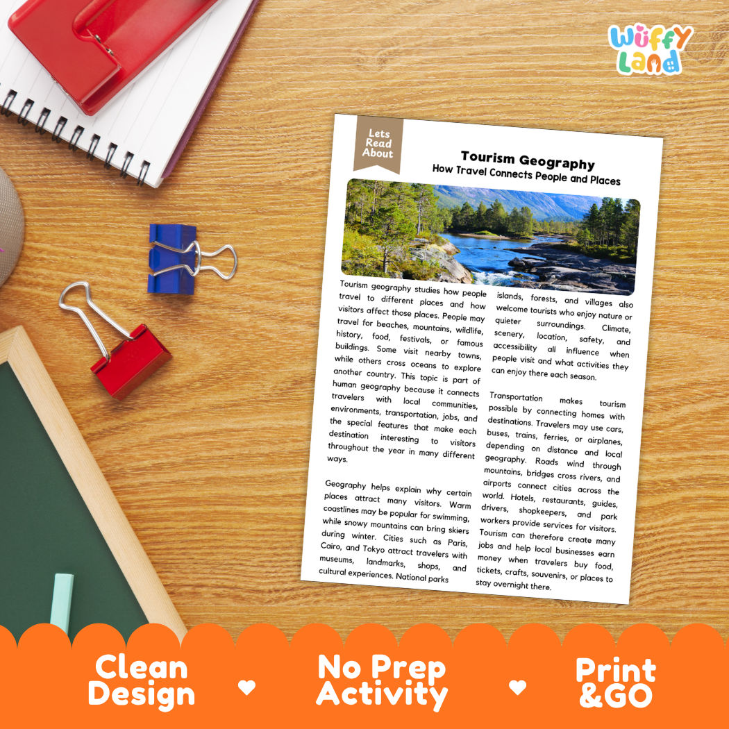 Student reading comprehension worksheet with short-answer questions and lined sections about tourism geography