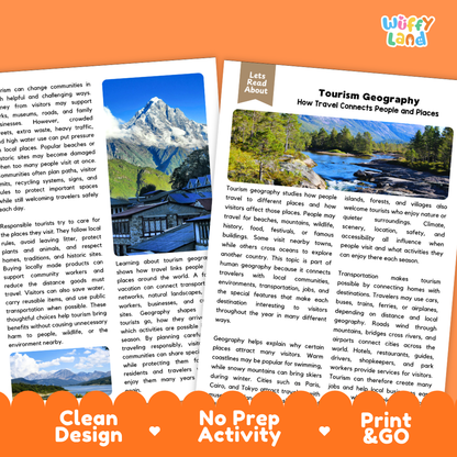 Teacher answer key page showing complete question solutions for Tourism Geography human geography and social studies reading comprehension practice