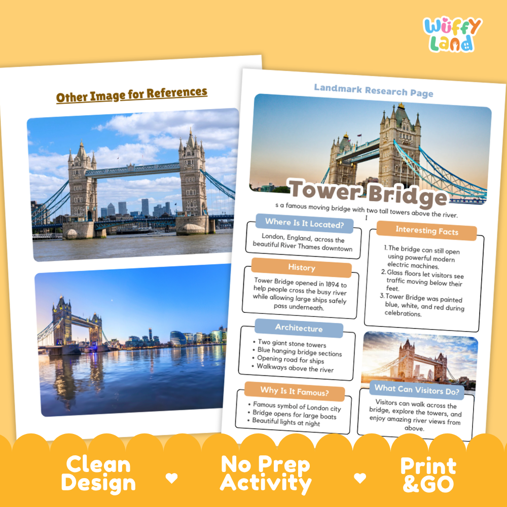 Tower Bridge Landmark Research Project | World Landmarks Worksheets & Fact Sheet