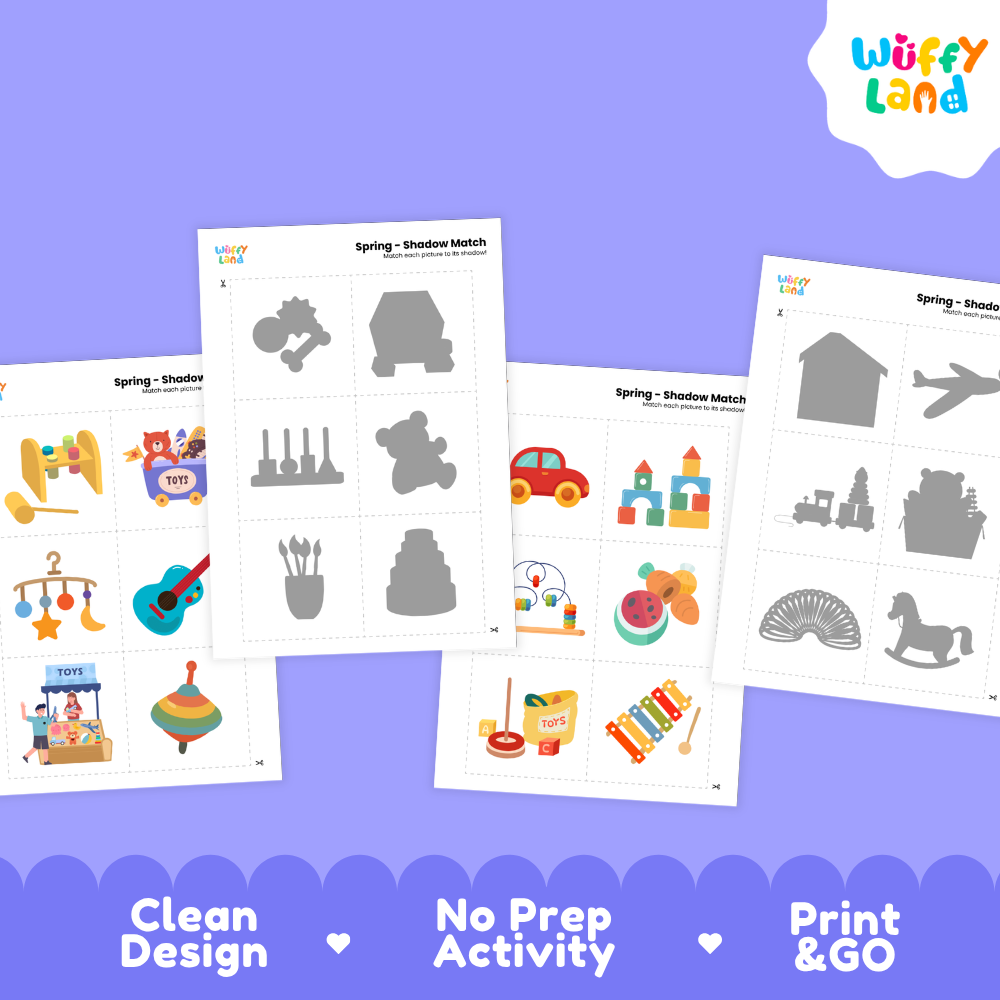 Full color toy object cards featuring teddy bear toy box, toy shelf, airplane, and spinning top