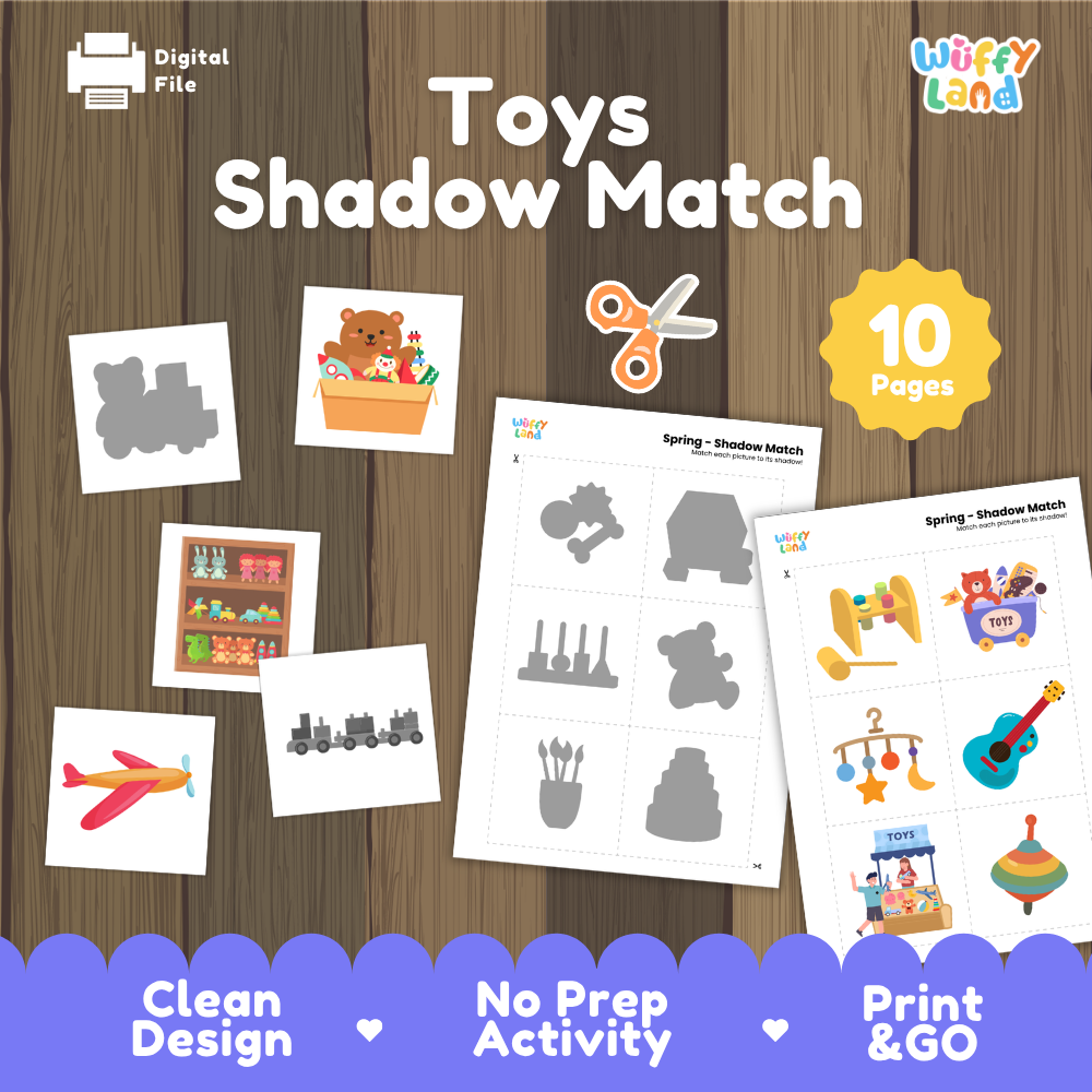 Toys shadow match activity cover showing 10-page printable pack with toy train silhouette, toy box, and shadow matching worksheets