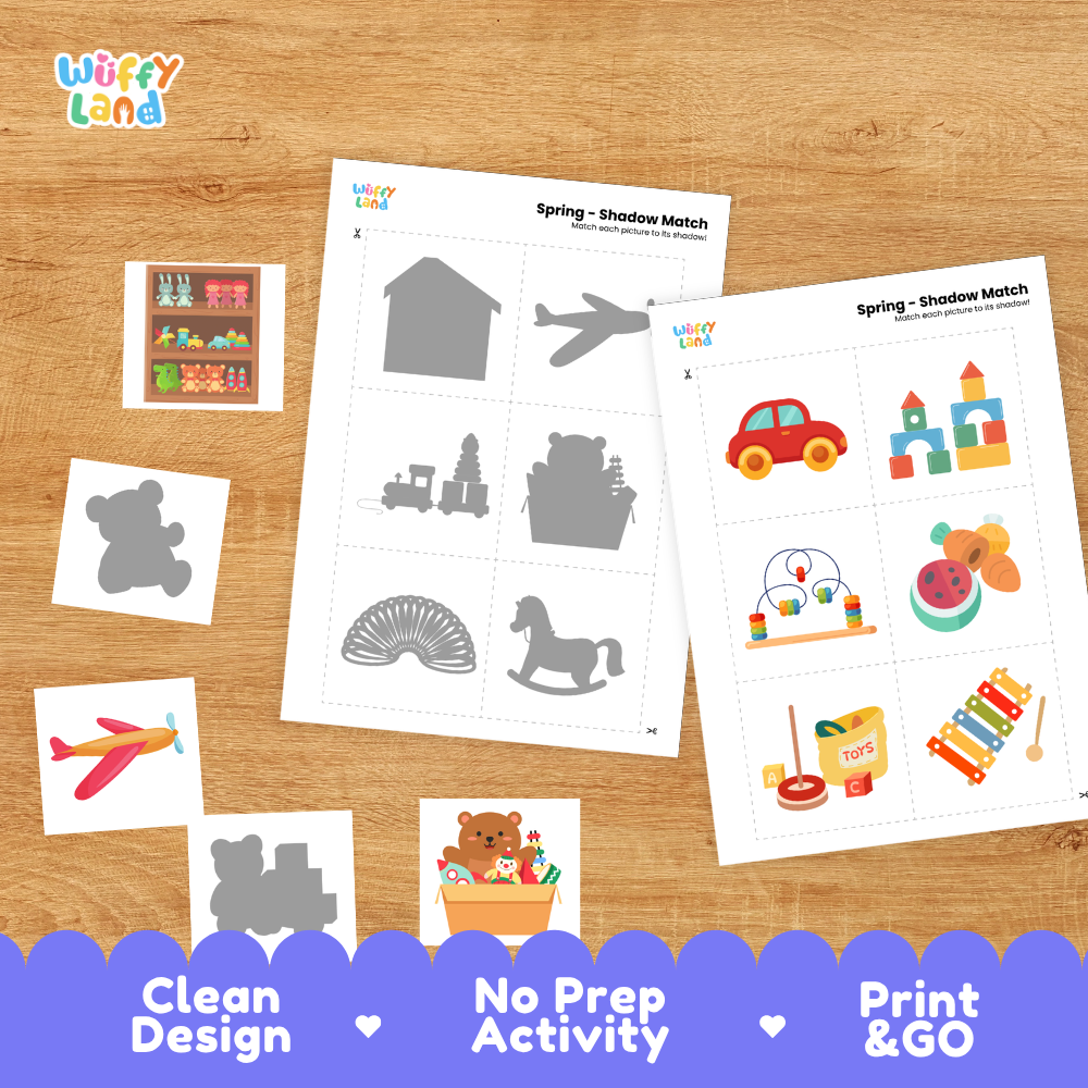 Printable shadow matching grid sheet showing silhouettes of toy trains, pounding benches, and stacking toys