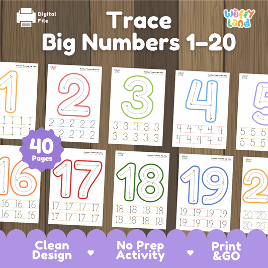 Trace Big Numbers 1-20 40-page printable handwriting activity set overview featuring large numeral tracing worksheets from Wuffy Land ✏️🔢