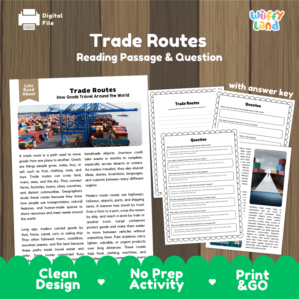 Trade Routes reading comprehension passage and questions printable activity pack with answer key for elementary students