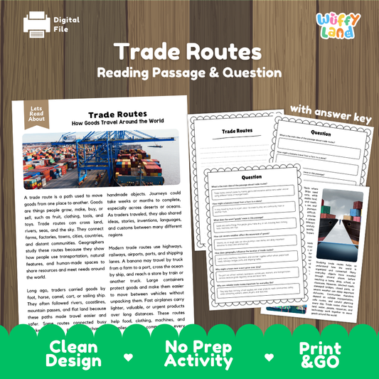 Trade Routes reading comprehension passage and questions printable activity pack with answer key for elementary students