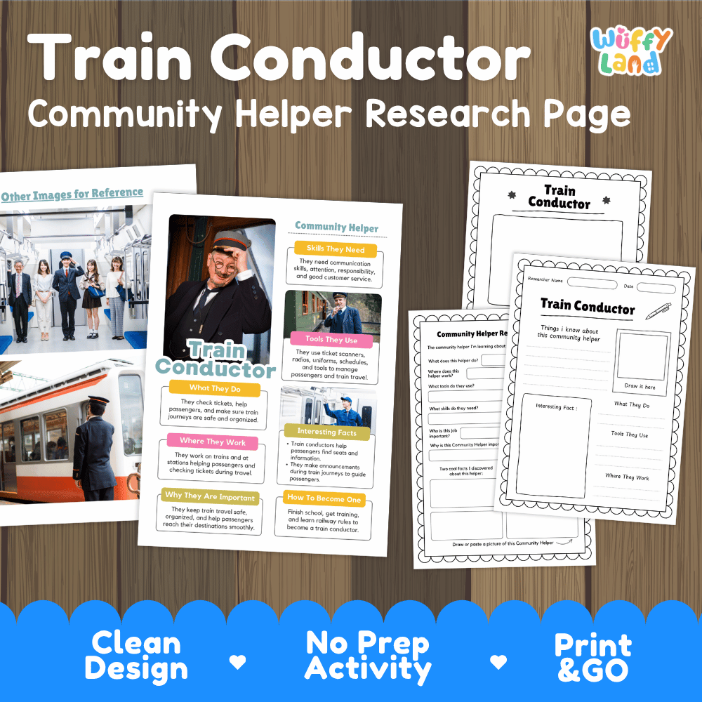 Train conductor community helper research page writing worksheets pack featuring real photos and student activity pages for elementary social studies