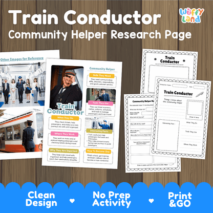 Train conductor community helper research page writing worksheets pack featuring real photos and student activity pages for elementary social studies