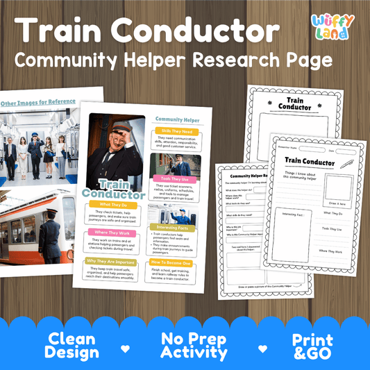Train conductor community helper research page writing worksheets pack featuring real photos and student activity pages for elementary social studies