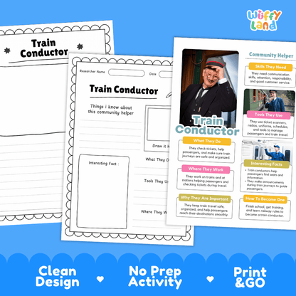 Educational reference poster with real photography showing train conductor job duties, tools, workplace, and interesting facts