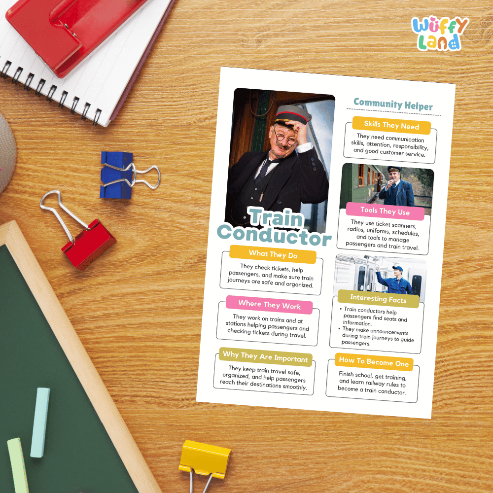 Guided student writing worksheets with lined sections for recording facts and a dedicated box for drawing or pasting a picture of a train conductor