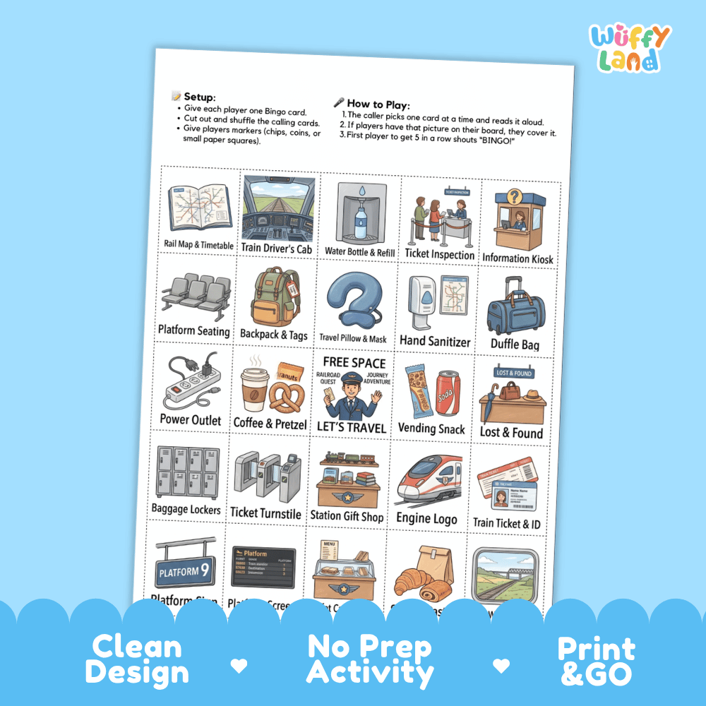 Train Station BINGO Games Printable Transportation Activity Cards