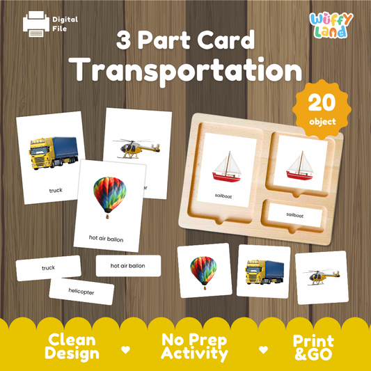 Transportation 3 part cards Montessori printable featuring 20 vehicles with realistic pictures, word labels and matching cards