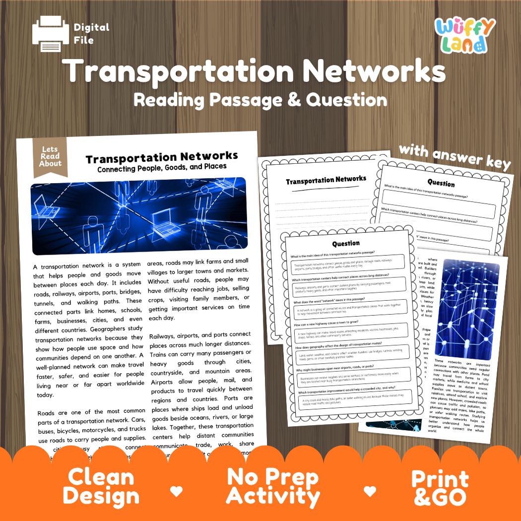 Transportation Networks reading comprehension passage and questions printable activity pack with answer key for elementary students