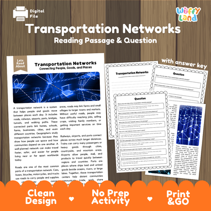 Transportation Networks reading comprehension passage and questions printable activity pack with answer key for elementary students