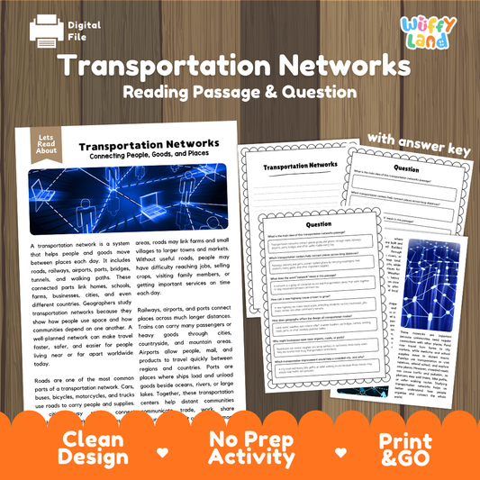 Transportation Networks reading comprehension passage and questions printable activity pack with answer key for elementary students